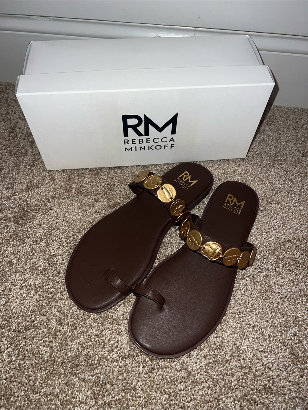 Rebecca Minkoff Claire Brown Leather Toe-Loop Sandals with Gold Chain Detail